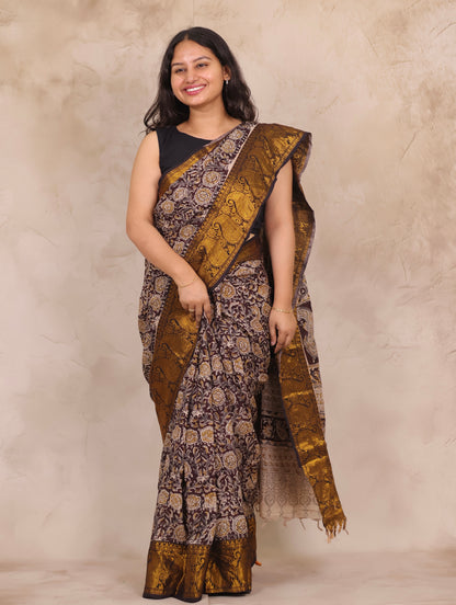 Hand Block Printed Kalamkari Kanchi Border Silk Saree