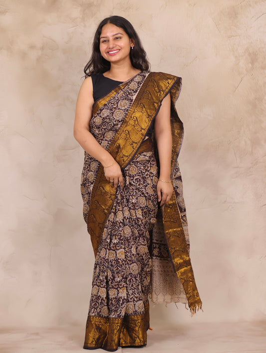 Hand Block Printed Kalamkari Kanchi Border Silk Saree