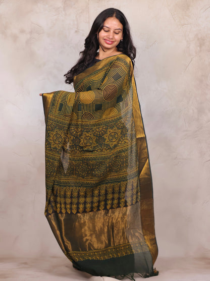 Green Ajrakh Hand Block Printed Mangalagiri Cotton Saree | Looms & Tassels