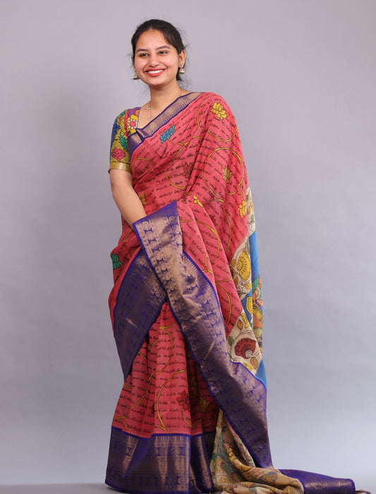 Pink Hand Painted Pen Kalamkari Silk Saree