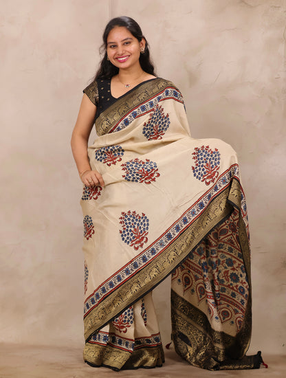 Cream Ajrakh Handblock printed Dola Silk Saree | Looms & Tassels