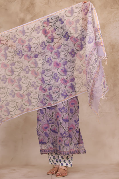 Lavender Handblock printed kota 3 piece suit (stitched)