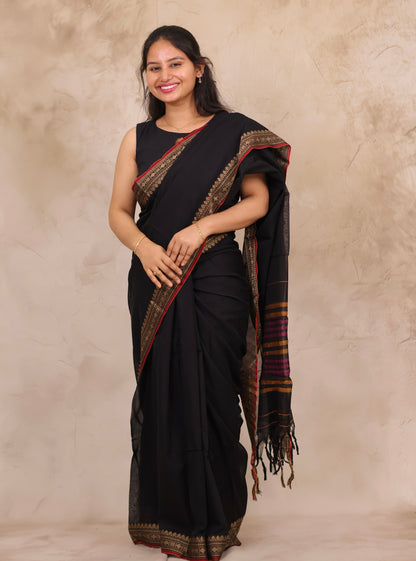 Black Narayanpet Cotton Saree | Looms & Tassels