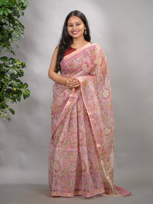 Baby Pink Pure Kota Doria Saree with Bagru Handblock Prints