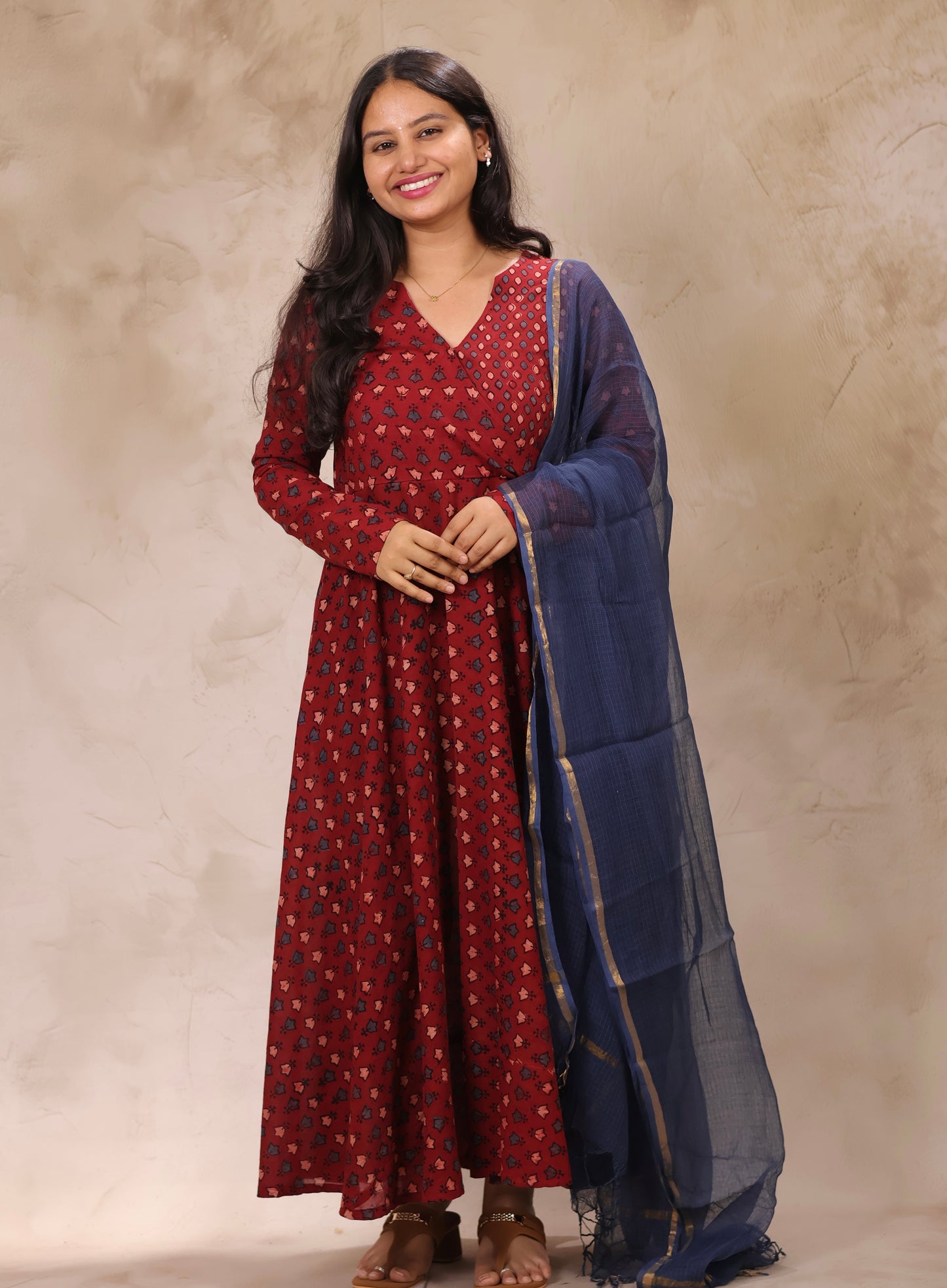 Maroon Pure Cotton Ajrakh Hand Block Printed Angarkha Kurta with Kota Dupatta | Looms & Tassels