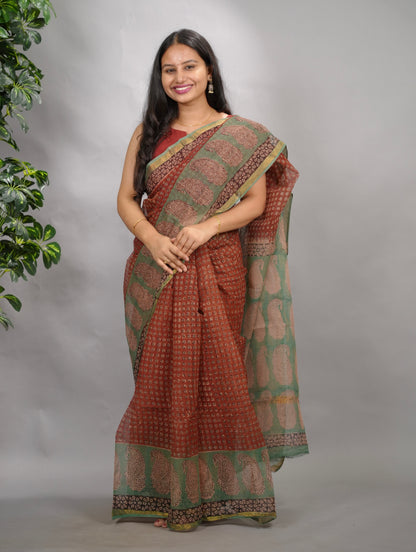 Maroon Pure Kota Doria Saree with Bagru Handblock Prints