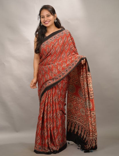 Maroon Authentic Ajrakh Handblock Printed Modal Silk Saree | Looms & Tassels