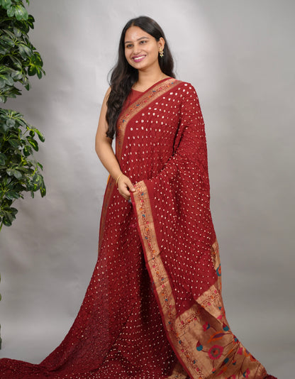 Maroon Handcrafted Bandhani Paithani Dola Silk Saree | Looms & Tassels