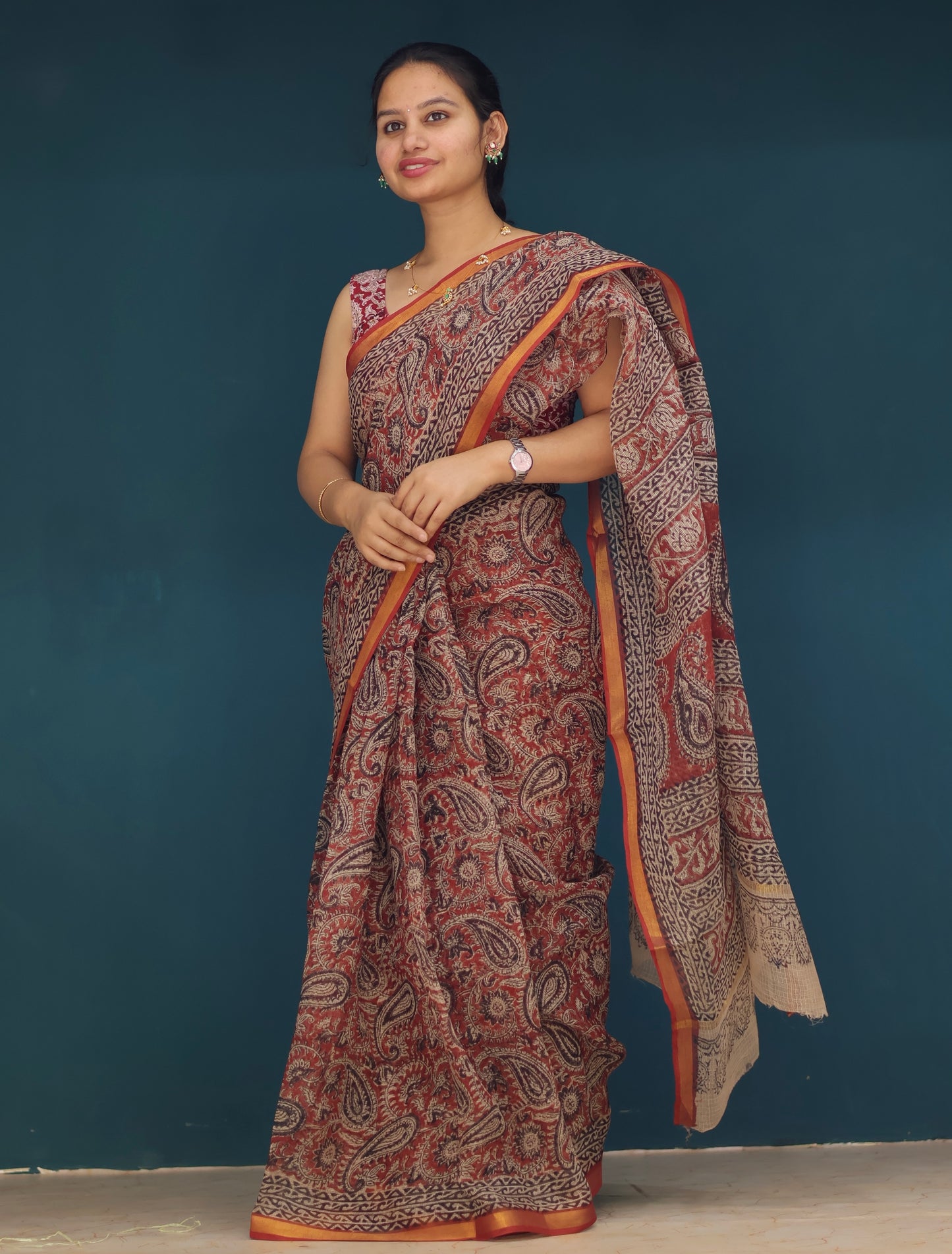 Kalamkari Hand block printed Kota Doria Saree