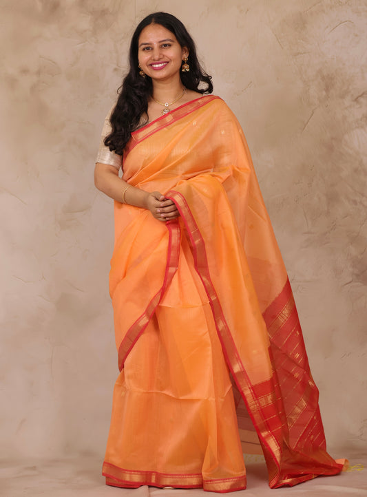 Pastel Orange Handloom Maheswari Silk Cotton Sarees | Looms & Tassels