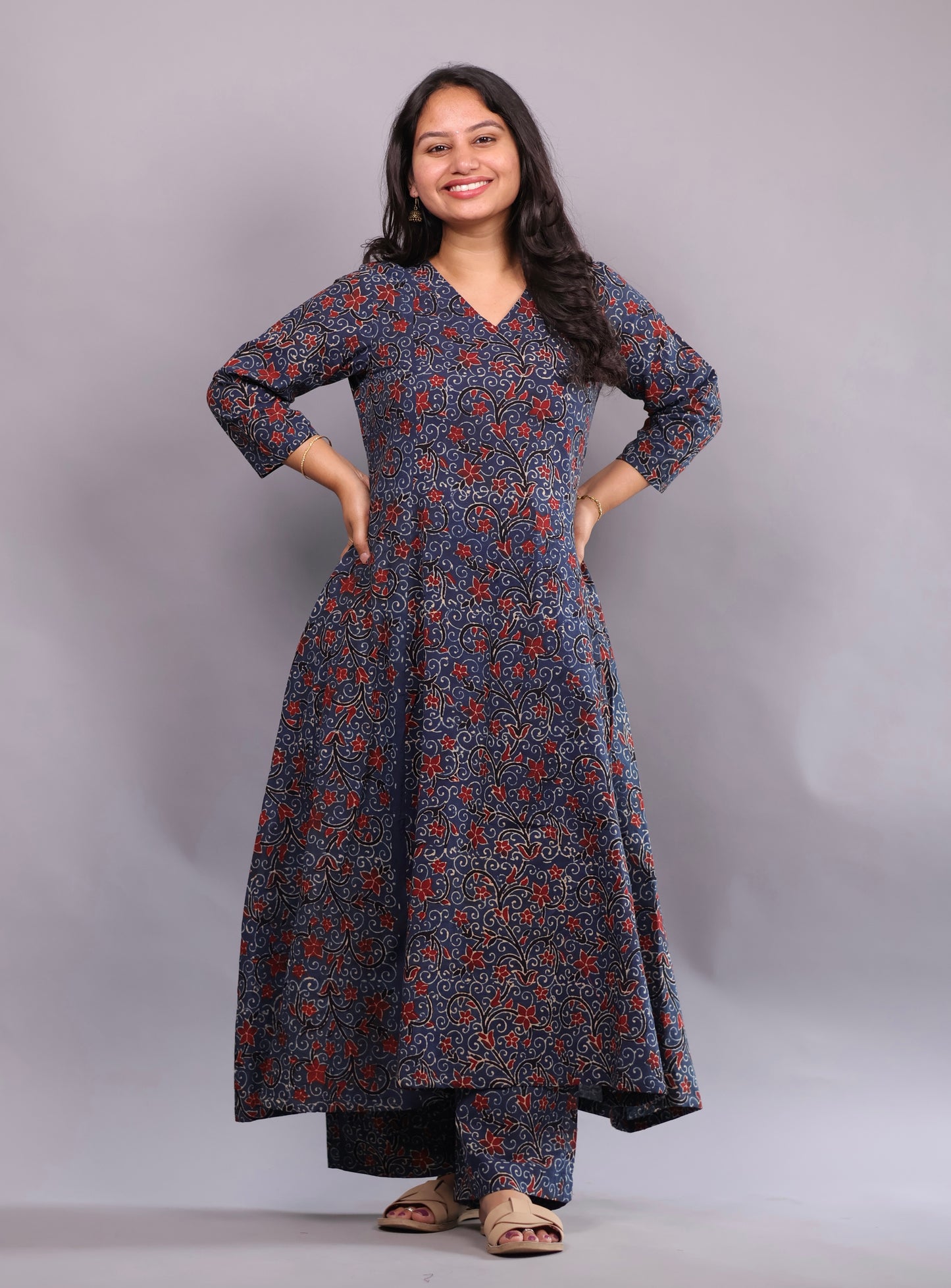 Indigo Ajrakh Handblock Printed Kali Kurti Co-ord Set (Pure Cotton ) | Looms & Tassels