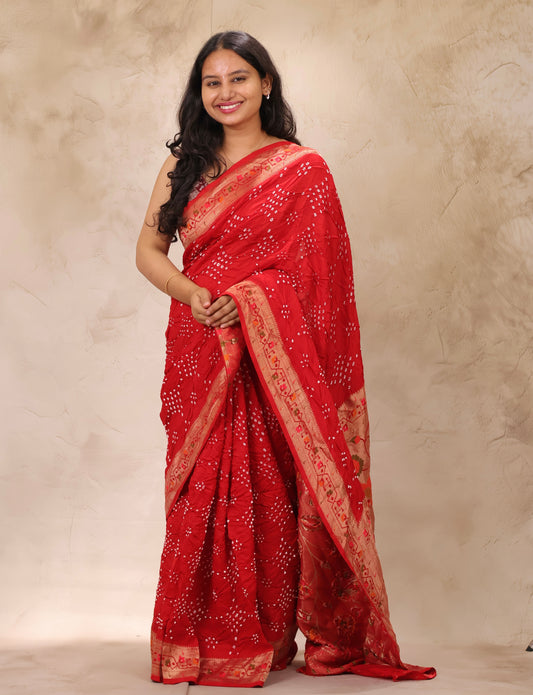 Red Handcrafted Pattern Bandhani Paithani Dola Silk Saree | Looms & Tassels
