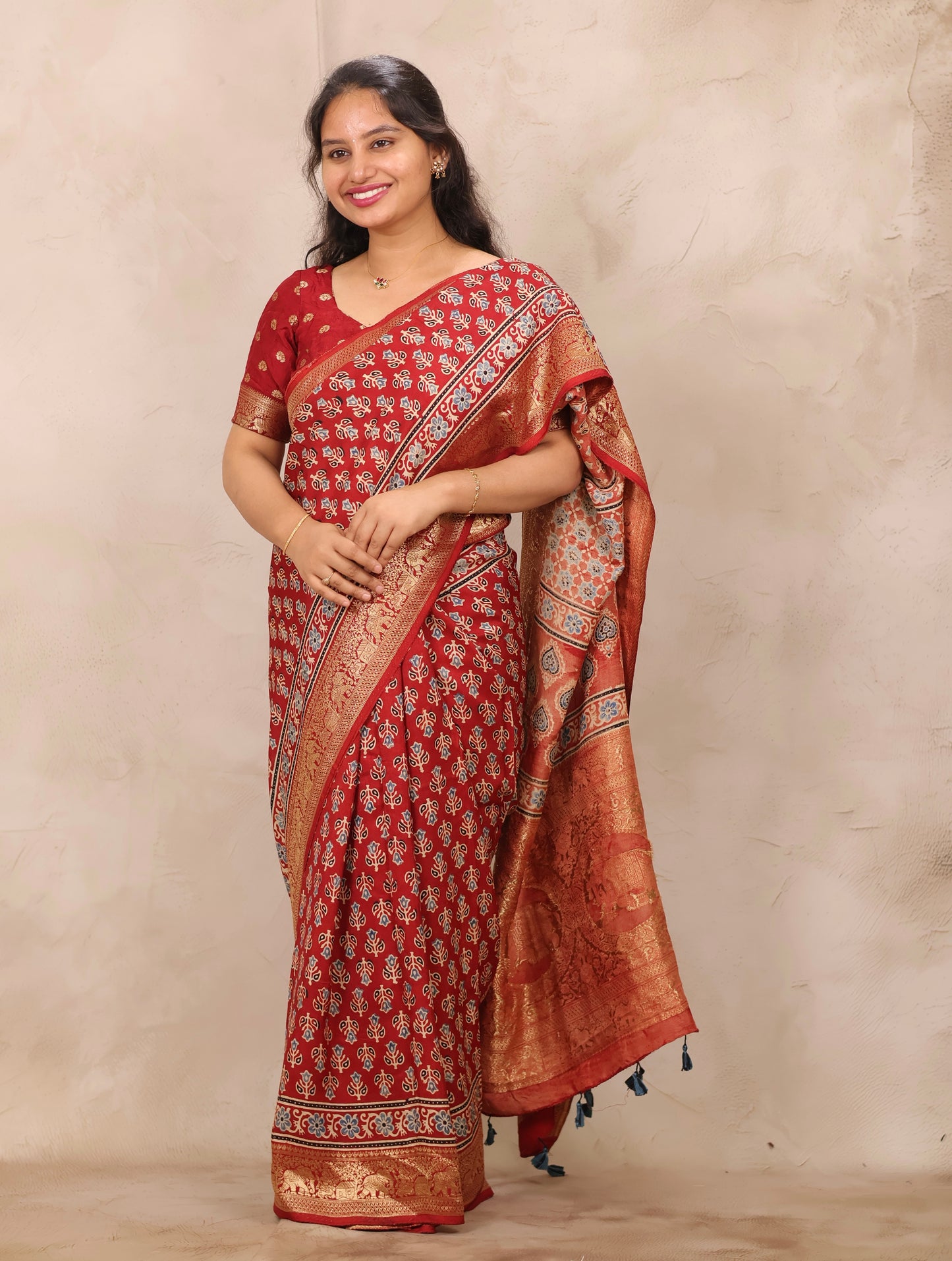 Red Ajrakh Handblock printed Dola Silk Saree | Looms & Tassels