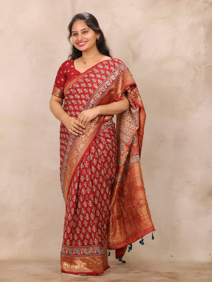 Red Ajrakh Handblock printed Dola Silk Saree | Looms & Tassels