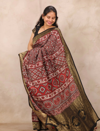 Dusty Brown Ajrakh Handblock printed Dola Silk Saree | Looms & Tassels