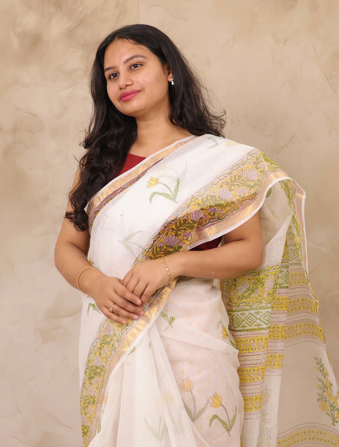 White Pure Kota Doria Saree with Bagru Handblock Prints | Looms & Tassels