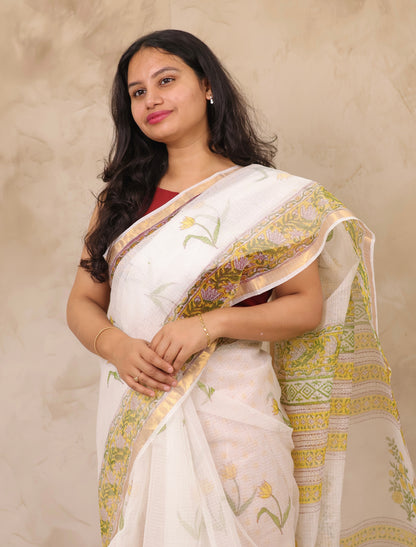 White Pure Kota Doria Saree with Bagru Handblock Prints | Looms & Tassels