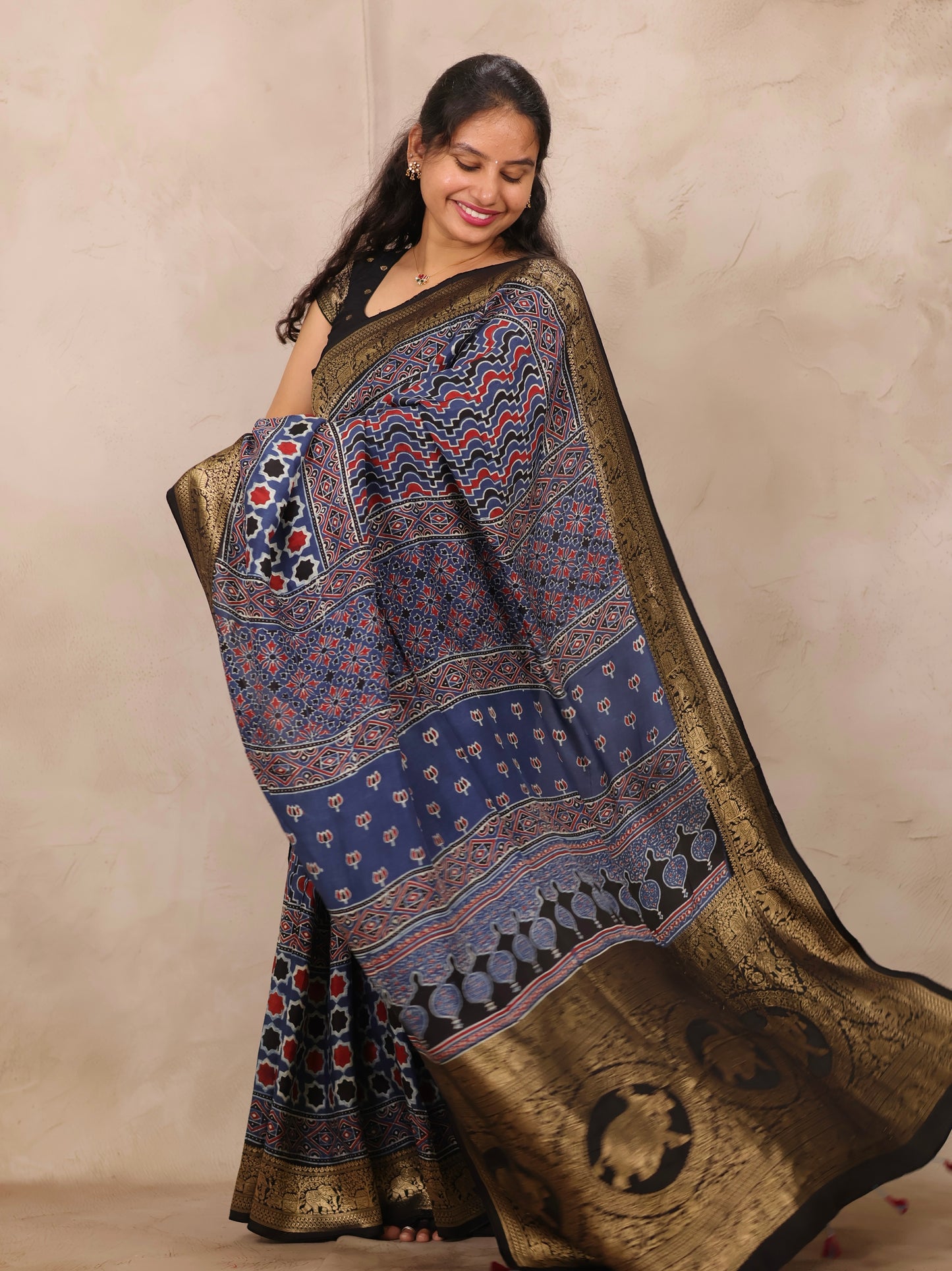 Indigo Ajrakh Handblock printed Dola Silk Saree | Looms & Tassels