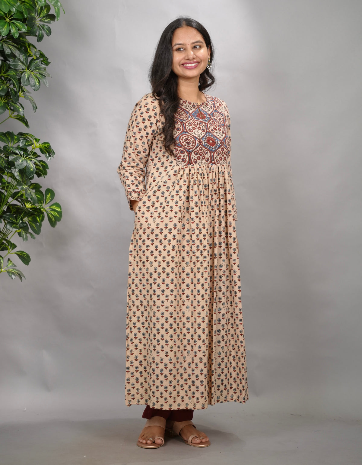 Cream Ajrakh Cotton Patchwork Aline Kurta | Looms & Tassels