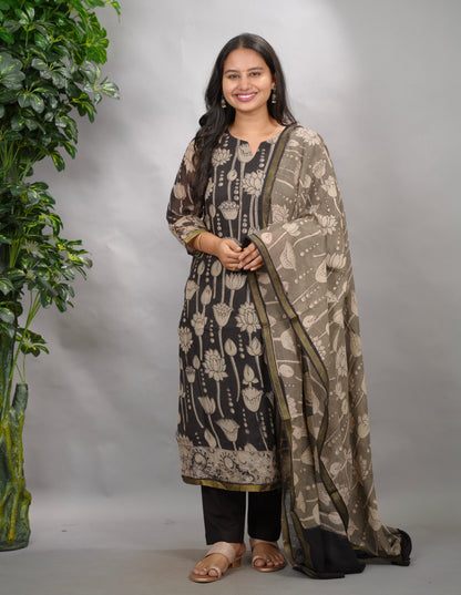 Black Kalamkari Kota Cotton 3 piece suit (stitched) | Looms & Tassels