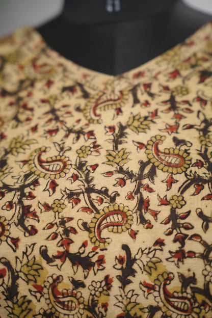 V Neck Stretchable Hand block printed kalamkari blouse (small hands) | Looms & Tassels