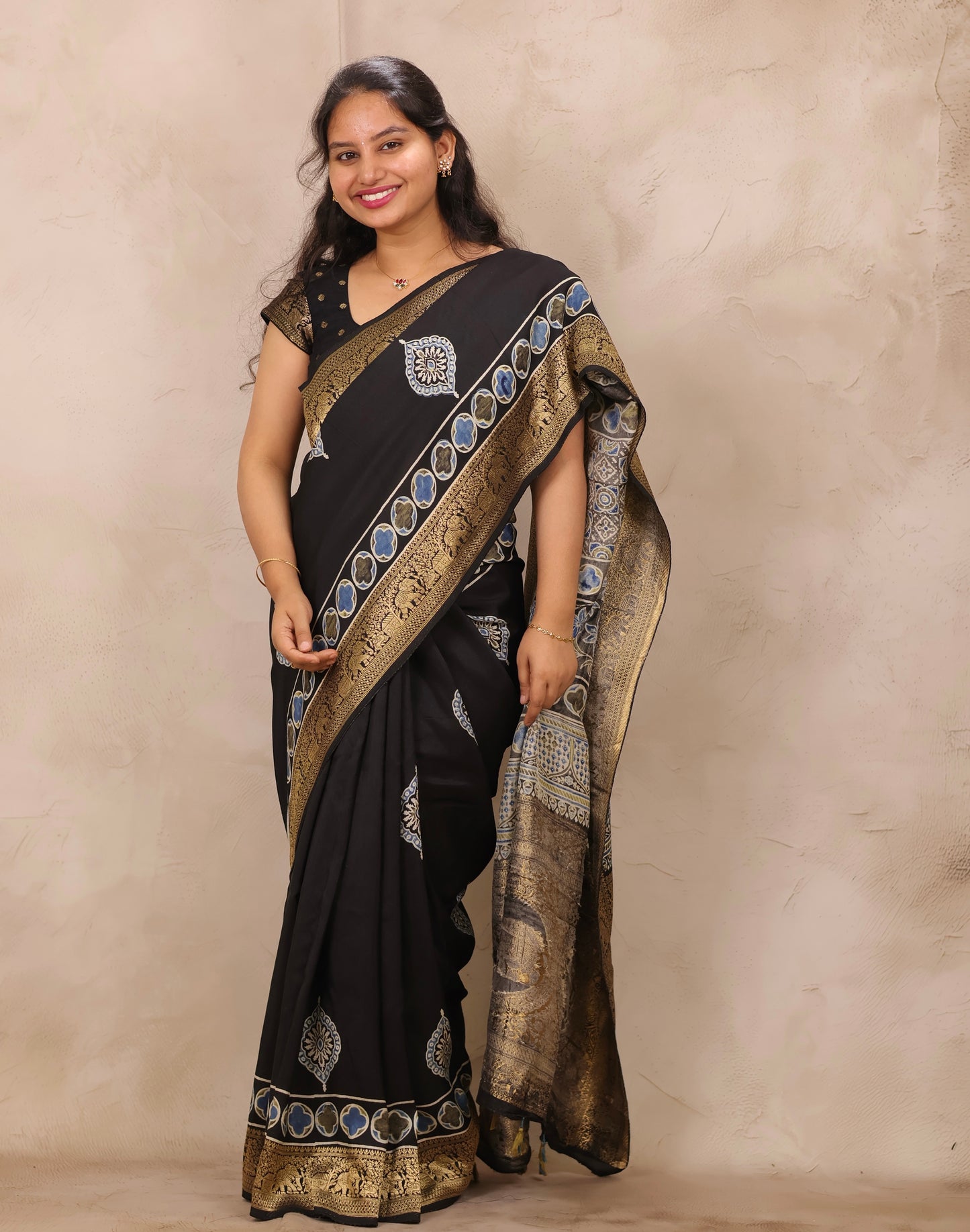 Black Ajrakh Handblock printed Dola Silk Saree | Looms & Tassels