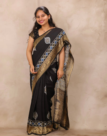 Black Ajrakh Handblock printed Dola Silk Saree | Looms & Tassels