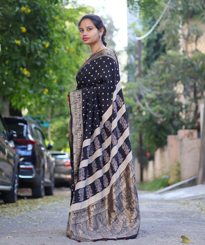 Black Ajrakh Dola Silk Saree