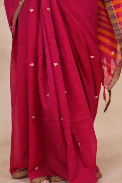 Pink Narayanpet Cotton Saree With Butta Weaving | Looms & Tassels