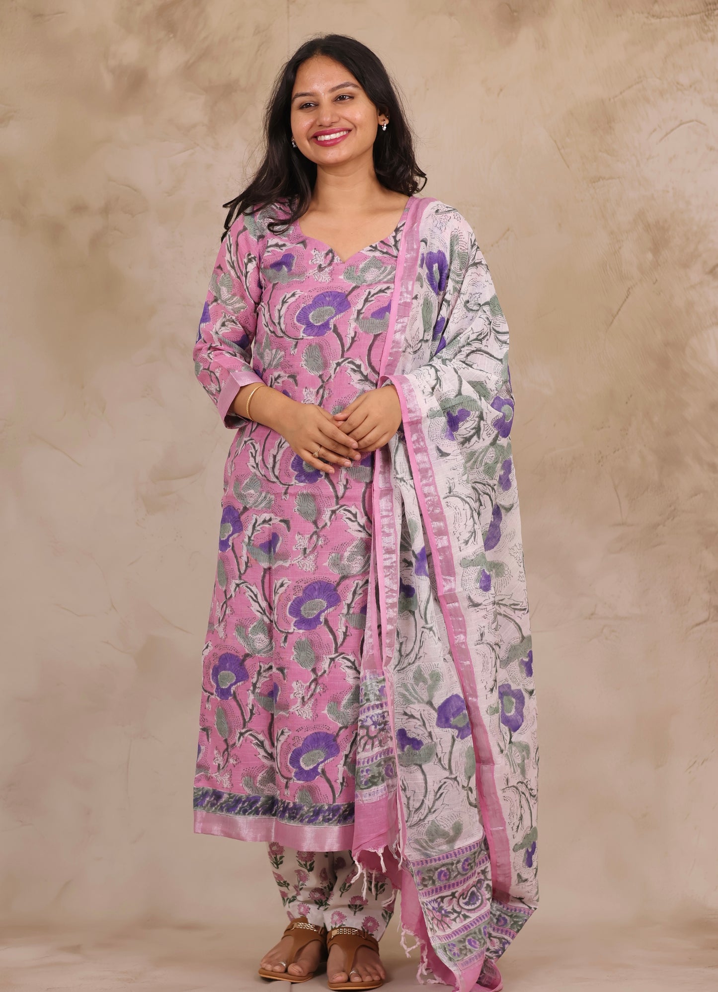 Pastel Pink Linen Cotton Handblock printed 3 piece suit (stitched)