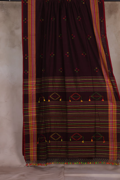 Dark Maroon Bhujodi weaving Malai Cotton Saree | Looms & Tassels
