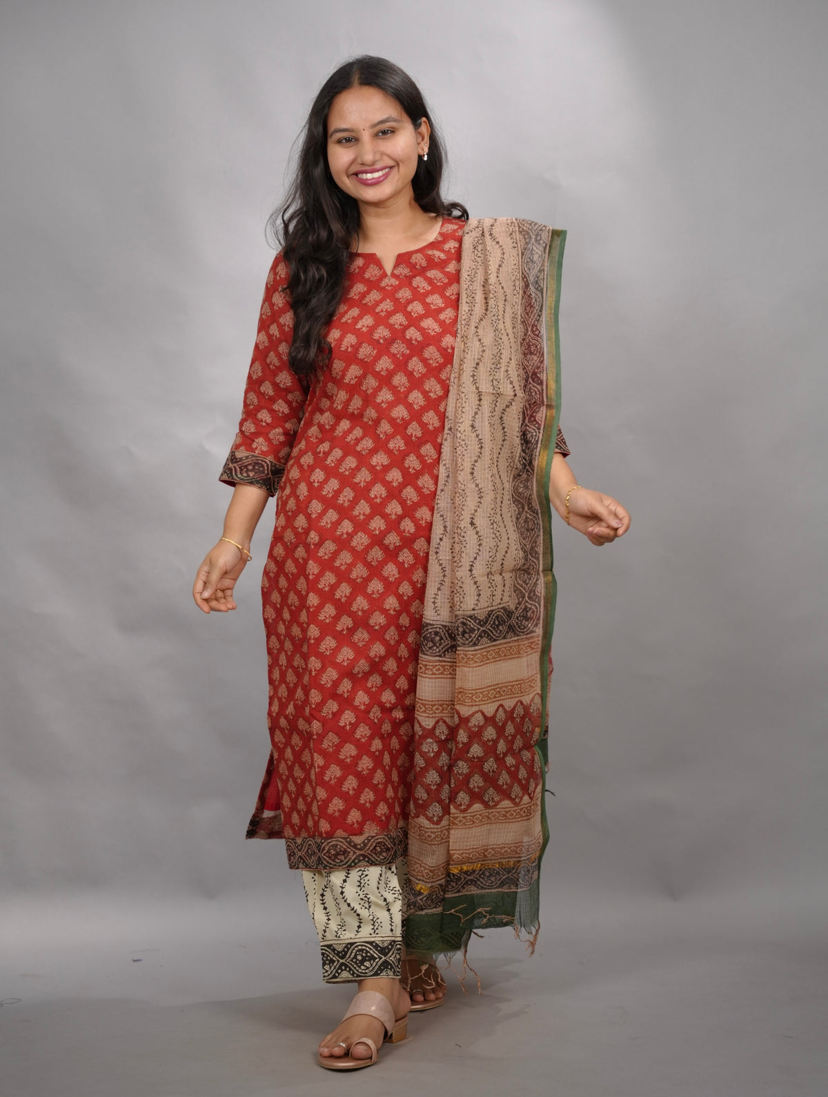 Maroon Handblock printed kota 3 piece suit (stitched)| Looms & Tassels