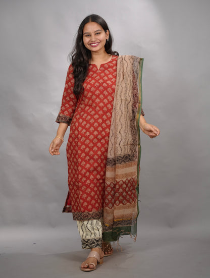 Maroon Handblock printed kota 3 piece suit (stitched)| Looms & Tassels