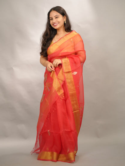 Orange Handloom Muslin Silk Saree With jamdhani weaving | Looms & Tassels