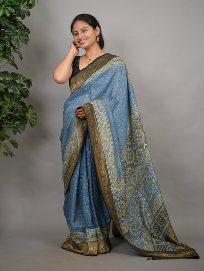 Ajrakh Dola Silk Saree - Blue | Looms & Tassels