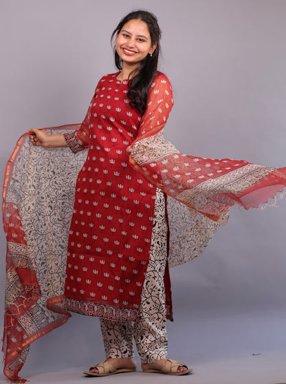 Red Lotus Handblock printed kota 3 piece suit (stitched)