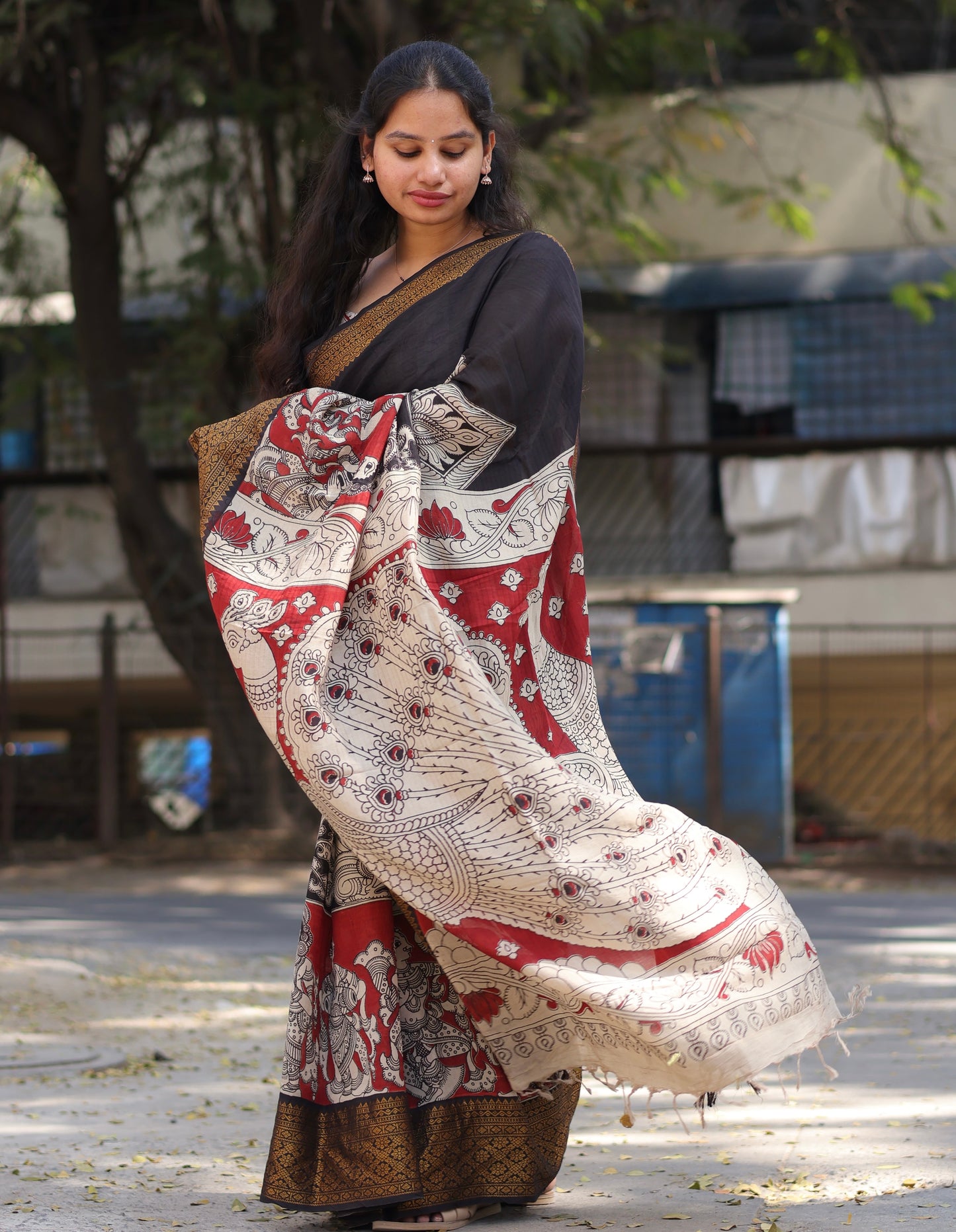 Black & Red  Kanchi border Kalamkari chennur silk saree