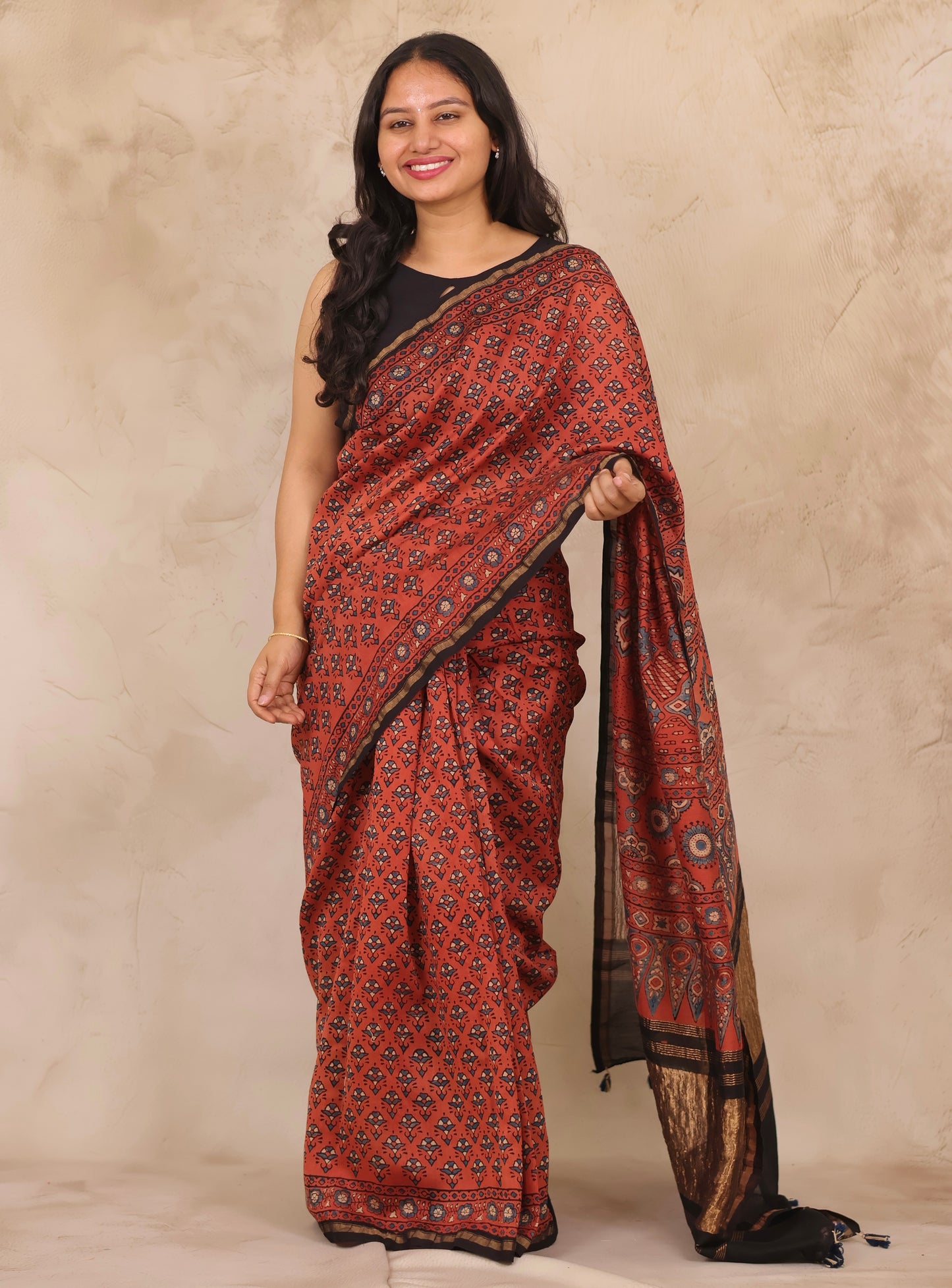Maheswari Silk Cotton Ajrakh Handblock Printed Saree | Looms & Tassels