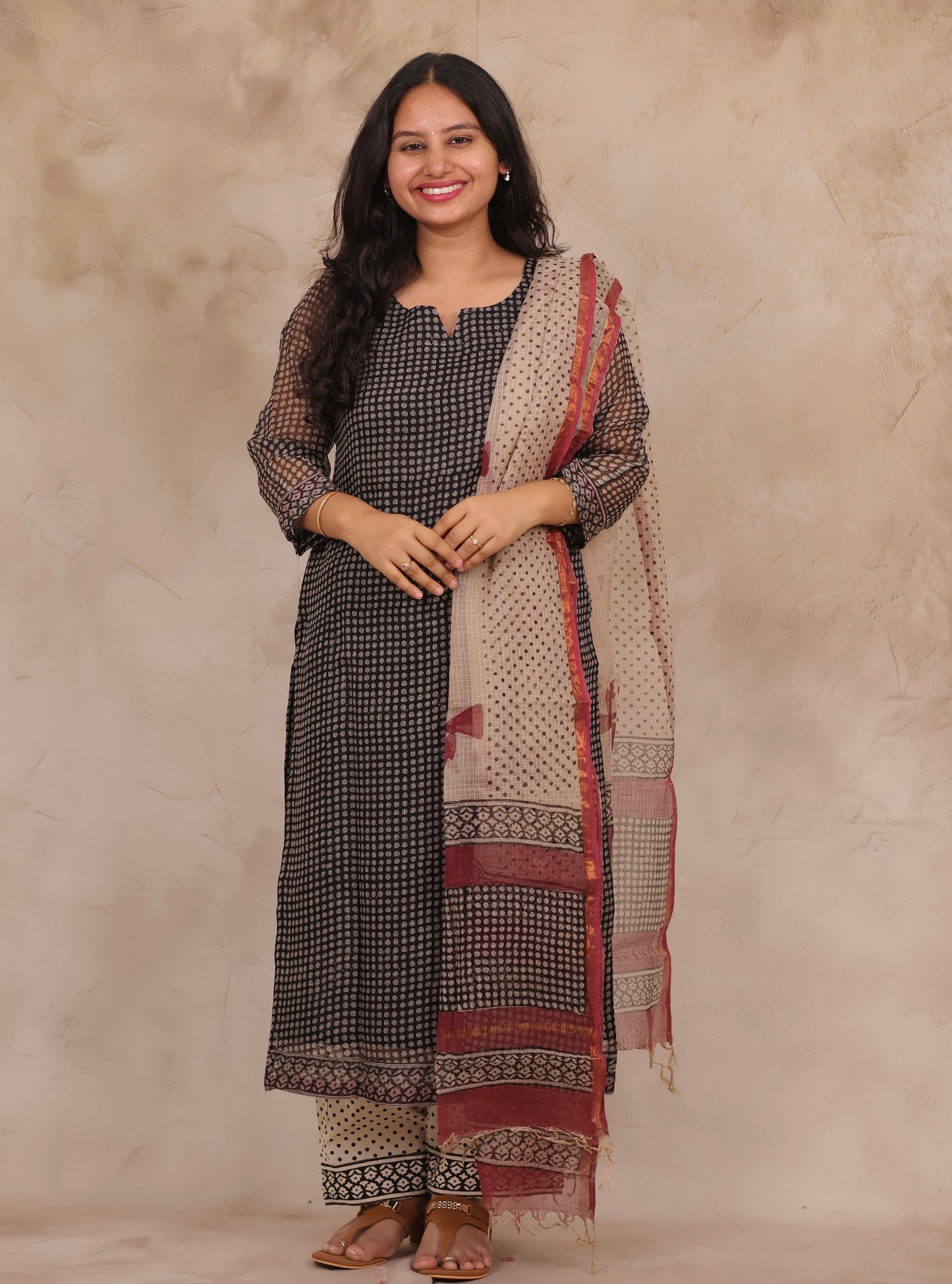 Black Polka Dots Handblock printed kota 3 piece suit (stitched)