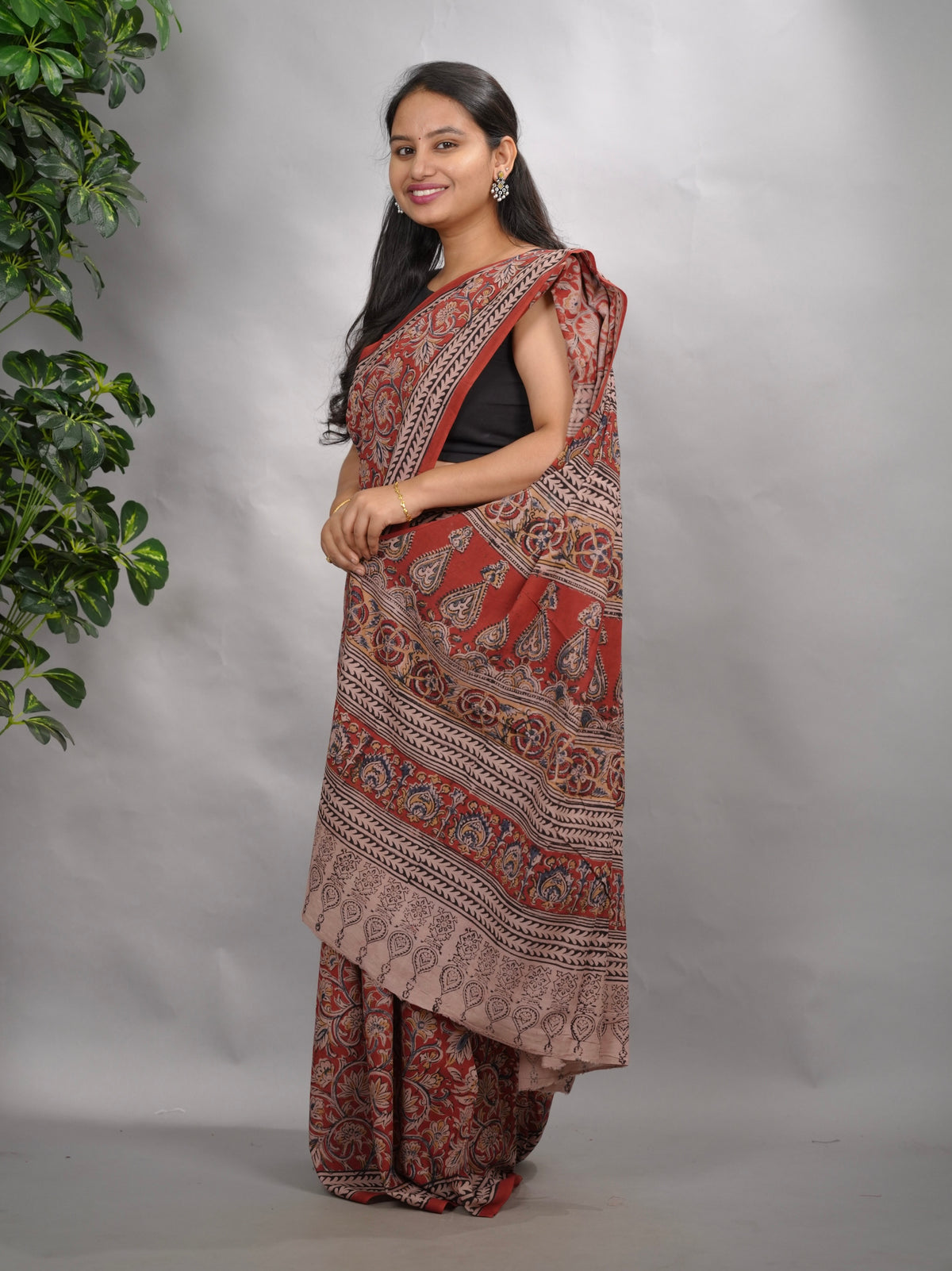 Red Hand Block Printed Kalamkari Cotton Saree | Looms & Tasselse