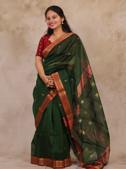 Green Handloom Maheswari Silk Cotton Sarees | Looms & Tassels