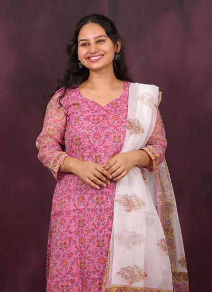 Pink Handblock printed kota 3 piece suit (stitched)