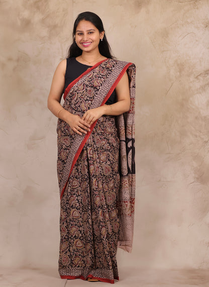 Black Hand Block Printed Kalamkari Cotton Saree | Looms & Tassels