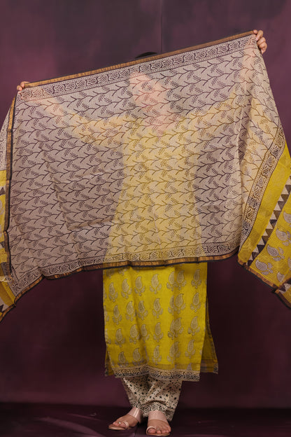 Yellow Handblock printed kota 3 piece suit (stitched)