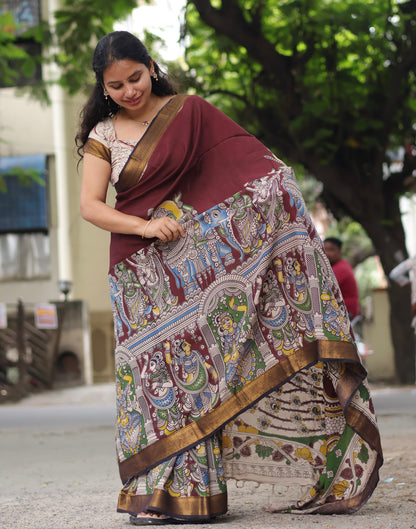 Brown Nizam Border Kalamkari Silk Saree