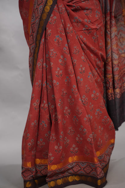 Maroon Ajrakh Hand Block Printed Sungudi Cotton Saree | Looms & Tassels