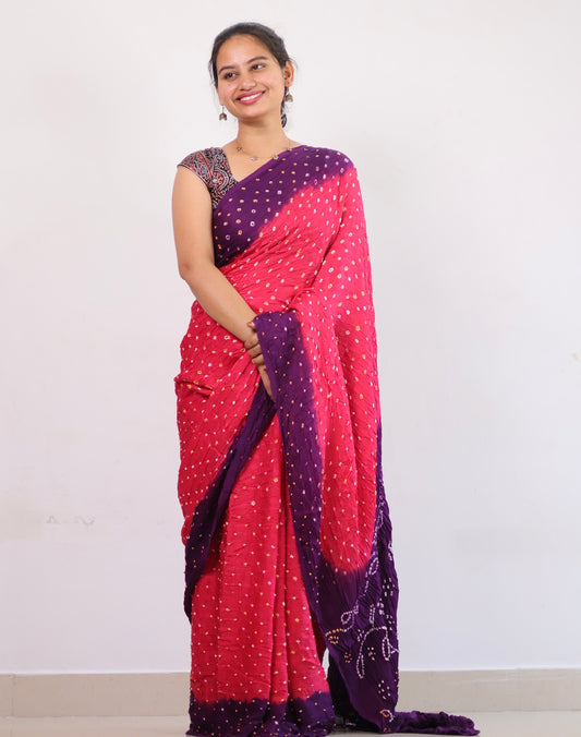 Pink & purple Bandhej Modal Silk Saree