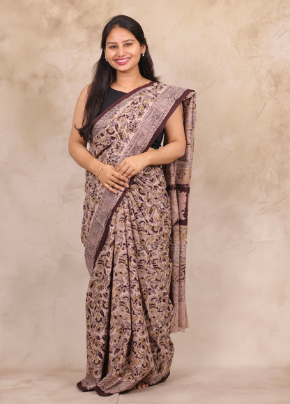 Cream Hand Block Printed Kalamkari Cotton Saree | Looms & Tassels