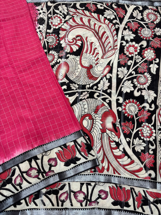 Pink Checks Kalamkari dyeing premium chennur silk saree