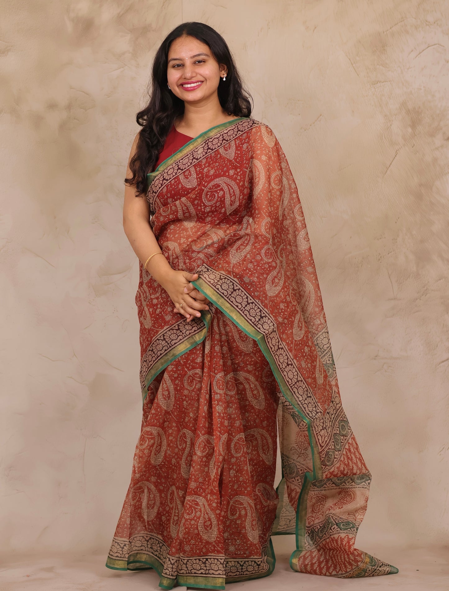 Maroon Pure Kota Doria Saree with Bagru Handblock Prints | Looms & Tassels